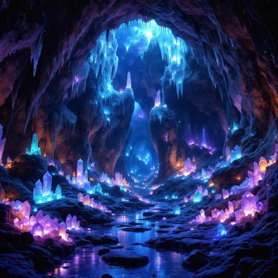 The primary subject of the image is a cave with a blue light illuminating it. The cave has a purple glow, and there are blue crystals and blue lights throughout the scene. The setting is a dark, cavernous environment, and the visual style appears to be a digital art or illustration. The colors and mood of the image are predominantly blue, creating a serene and mysterious atmosphere.